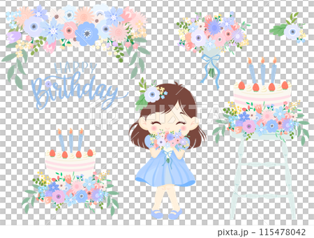 かわいい女の子と苺のお誕生日ケーキと水色の花束　Happy Birthdayの文字入り 115478042