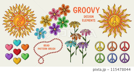 Set of illustrations of sun, colorful chamomile flowers, heart, peace sign, bead pattern brush. Groovy hippie vintage style. 115478044