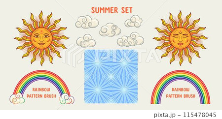Set of illustrations of sun with face, white cloud, rainbow pattern brush, seamless blue retro pattern. Groovy hippie vintage style. Set of illustrations of sun with face, white cloud, rainbow pattern brush, seamless blue retro pattern. Groovy hippie vintage style. 115478045