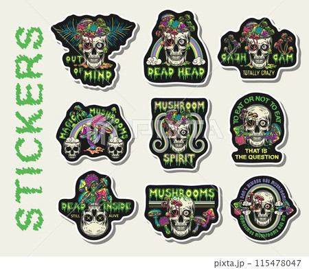 Sticker pack with human skull with fantasy mushrooms, text. Crazy mad skull with single eye and growing through mushrooms. Illustrations on black background. 115478047