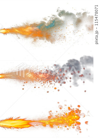 Set of a muzzle flash, side view, isolated on a white or transparent background. Bundle of fire from a gunshot. Bullet firing flame overlay, design element. Set of a muzzle flash, side view, isolated on a white or transparent background. Bundle of fire from a gunshot. Bullet firing flame overlay, design element. 115478071
