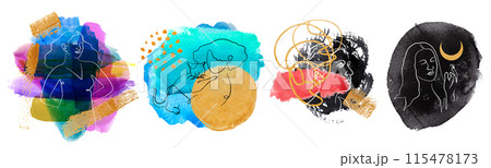 Set of one single line female figure portraits with watercolor abstract shapes on background Set of one single line female figure portraits with watercolor abstract shapes on background 115478173