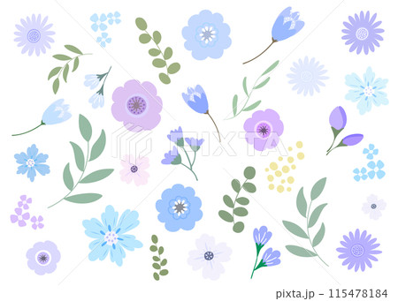 シンプルな青や紫の花や葉の植物のイラストセット　フラットデザイン 115478184