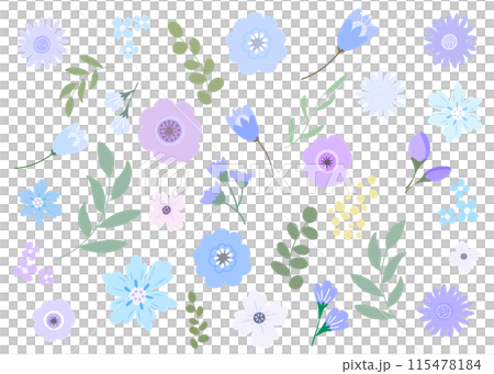 Simple blue and purple flower and leaf plant illustration set Flat design 115478184