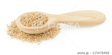 Sesame seeds in wooden spoon isolated on white background Sesame seeds in wooden spoon isolated on white background 115478489