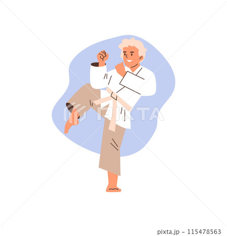 Boy kid wearing kimono and white belt, karate training, vector cute child showing kicking attack pose in martial art 115478563