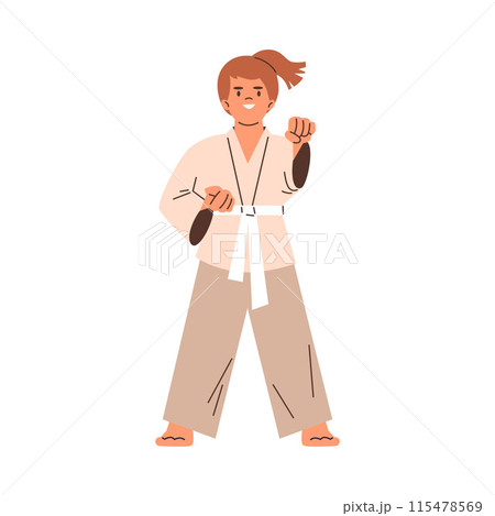 Girl kid wearing kimono and white belt, karate training, vector child showing hand defense technique pose in martial art 115478569