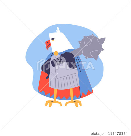 Vector illustration depicting a powerful parrot hero in a blue cloak with a mace Vector illustration depicting a powerful parrot hero in a blue cloak with a mace 115478584