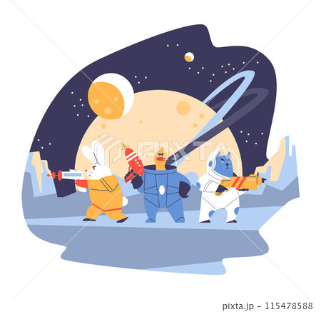 Vector image of a cat, a duck, a rabbit with blasters on a background of cosmic 115478588