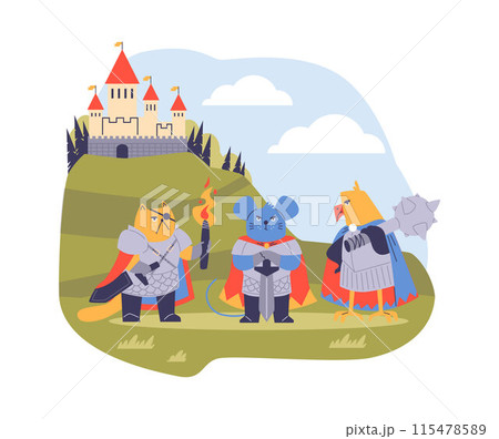 Vector illustration war animals in armor, armed with mace and sword: cat, mouse and parrot Vector illustration war animals in armor, armed with mace and sword: cat, mouse and parrot 115478589