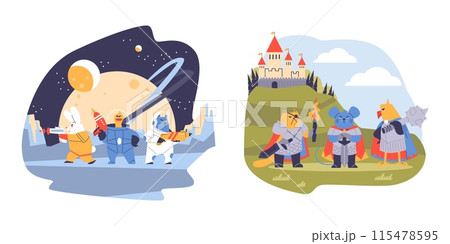 Two vector illustrations with scenes of fantastic animal warriors with futuristic weapons and swords Two vector illustrations with scenes of fantastic animal warriors with futuristic weapons and swords 115478595