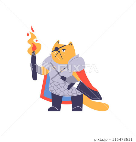 Vector illustration warrior cat with a eyepatch in armor with a torch and a sword Vector illustration warrior cat with a eyepatch in armor with a torch and a sword 115478611
