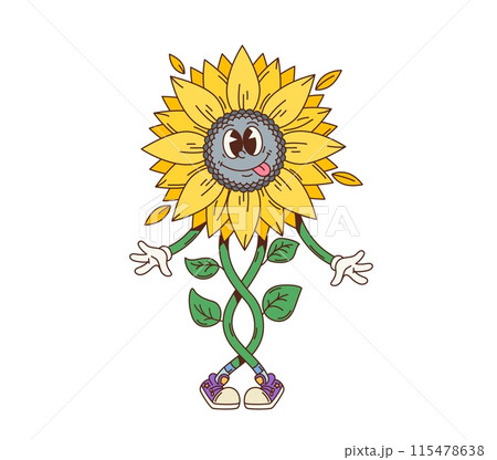 Cartoon retro groovy sunflower character, vintage smiling flower vector personage. Psychedelic comic yellow sunflower dancing with crazy face. Funky hippie summer plant emoji, cute floral emoticon Cartoon retro groovy sunflower character, vintage smiling flower vector personage. Psychedelic comic yellow sunflower dancing with crazy face. Funky hippie summer plant emoji, cute floral emoticon 115478638