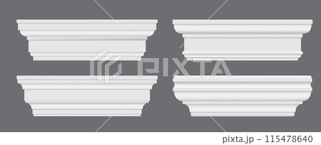 Trim molding, moulding cornice, house wall skirting interior white baseboard made of wood or plaster. Vector 3d ceiling crown molding, border, plinth board and panel, wall skirting and pillar capital 115478640