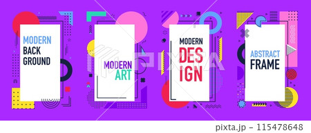 Abstract modern business memphis banners with vector line patterns of minimal graphic elements and geometric shapes. Trendy memphis ornament of circles, squares and triangles, dots, waves and zigzags 115478648