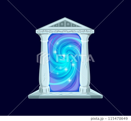 Fantasy fairytale game magic portal. Isolated cartoon vector mystical door with ancient stone columns and blue plasma vortex or shimmering energy, bridging realm with fantastical world of enchantment 115478649