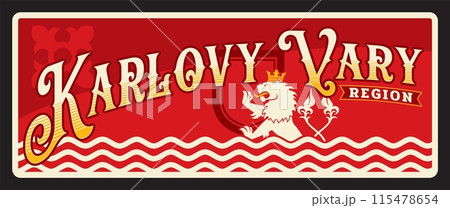 Karlovy Vary Czech region retro travel plate, sticker plaque. Vector vintage travel destination banner with heraldic lion, coat of arms shield, crown animal and waves on red, touristic signs 115478654