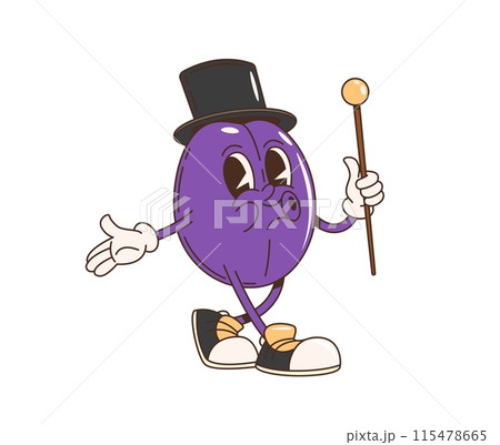 Retro cartoon groovy plum fruit character. Isolated vector whimsical purple prune personage dressed in a classic top hat and holding a cane. Elegant damson gentleman showcasing a fun, vintage vibes Retro cartoon groovy plum fruit character. Isolated vector whimsical purple prune personage dressed in a classic top hat and holding a cane. Elegant damson gentleman showcasing a fun, vintage vibes 115478665