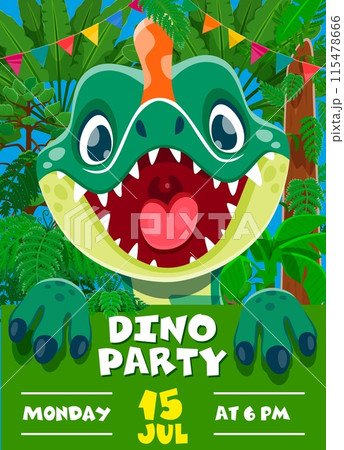 Kids birthday dino party invitation flyer with cute funny dino. Vector vivid banner with cheerful cartoon dinosaur amid a jungle backdrop with decorative bunting. Invite for fun-filled celebration Kids birthday dino party invitation flyer with cute funny dino. Vector vivid banner with cheerful cartoon dinosaur amid a jungle backdrop with decorative bunting. Invite for fun-filled celebration 115478666