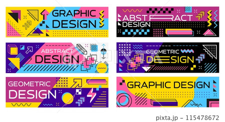 Abstract geometric modern memphis banners with vector line pattern of trendy minimal graphic elements. Geometric shapes grid background with squares, circles, triangles and dots, zigzag and wavy lines 115478672