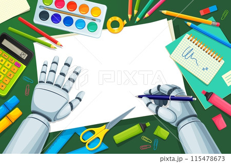Robot training to write. Vector technology and creativity scene with cartoon cyborg hand grips a pen, poised to write on blank sheet of paper, surrounded with watercolors, scissors, creative supplies 115478673