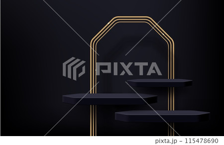 Black podium product stage with golden arch. Vector modern, tiered platform. Realistic 3d minimalist structure with geometric scenes for cosmetic presentations, product displays, exhibitions or events Black podium product stage with golden arch. Vector modern, tiered platform. Realistic 3d minimalist structure with geometric scenes for cosmetic presentations, product displays, exhibitions or events 115478690