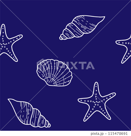 Under the Sea Hand drawn Seamless Pattern with Starfish and Seashells on dark blue background. Vector illustration, line art isolated on white background. For fabric, wallpaper and marine beach design Under the Sea Hand drawn Seamless Pattern with Starfish and Seashells on dark blue background. Vector illustration, line art isolated on white background. For fabric, wallpaper and marine beach design 115478691