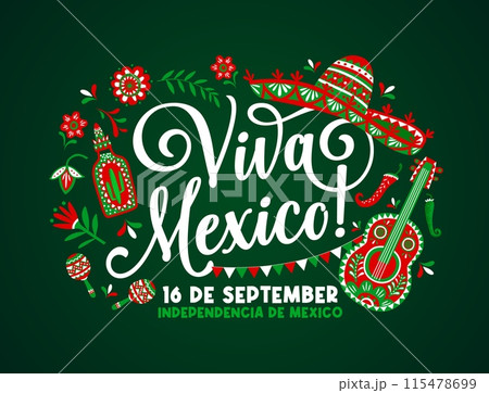 Viva mexico mexican independence day banner with sombrero, tequila and guitar, maracas and flowers. Vector holiday celebration greeting card with traditional jalapeno peppers, flag garland and hat 115478699