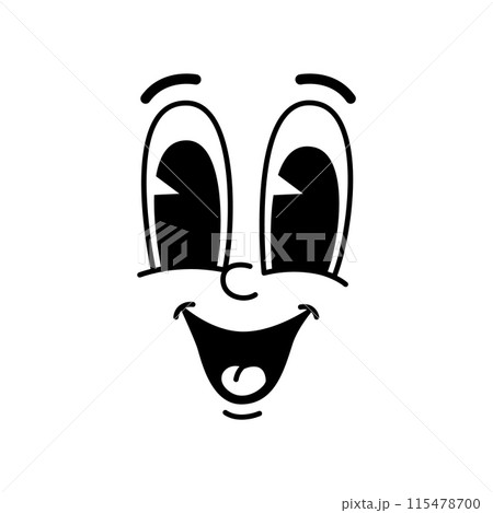 Cartoon funny comic groovy face emotion and retro cute emoji character, radiating infectious joy. Isolated vector smile emoji with exaggerated features, monochrome emoticon exudes fun and positivity Cartoon funny comic groovy face emotion and retro cute emoji character, radiating infectious joy. Isolated vector smile emoji with exaggerated features, monochrome emoticon exudes fun and positivity 115478700