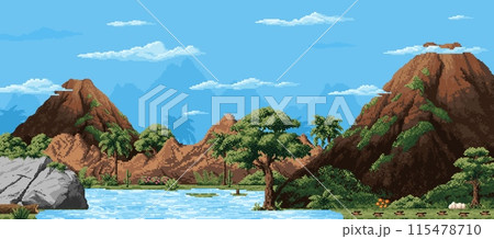 8 bit pixel art game prehistoric landscape with mountains and volcano. Vector retro style gaming level scene with towering rocks, river, lush flora, and a clear blue sky, 8-bit video game background 8 bit pixel art game prehistoric landscape with mountains and volcano. Vector retro style gaming level scene with towering rocks, river, lush flora, and a clear blue sky, 8-bit video game background 115478710