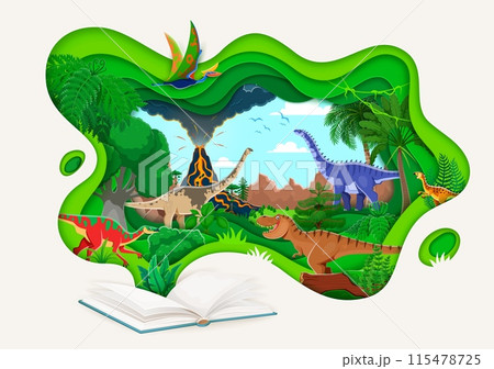 Dino park paper cut landscape with opened book and prehistoric dinosaurs in jungle with erupting volcano. Hypselosaurus, quetzalcoatlus, probactrosaurus, tyrranosaurus, paralititan and anatotitan dino 115478725