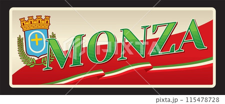 Monza italian city retro travel plate Italy sign, tourist destination. Italy city tin sing, European vacation journey or trip vector banner or postcard with coat of arms, castle and olive branches Monza italian city retro travel plate Italy sign, tourist destination. Italy city tin sing, European vacation journey or trip vector banner or postcard with coat of arms, castle and olive branches 115478728