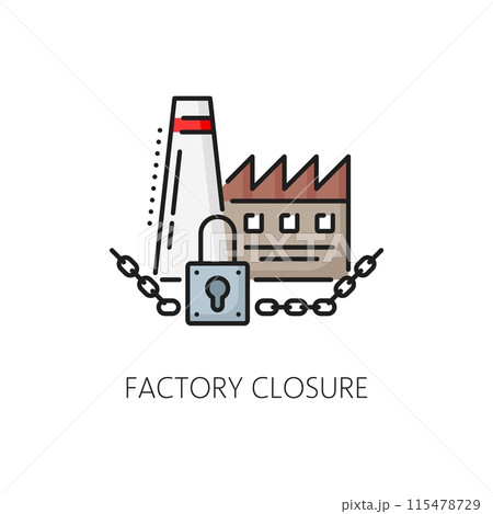 Factory closure color line icon of economic crisis, bankruptcy and business shutdown. Vector economic downturn, finance recession and industrial decline symbol with outline plant building and padlock 115478729
