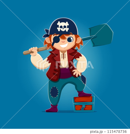 Cartoon kid boy pirate corsair with treasure chest, wielding a shovel, donning a hat with a skull emblem, and featuring an eye patch. Vector little rover child hiding loot on secret island in sea 115478736