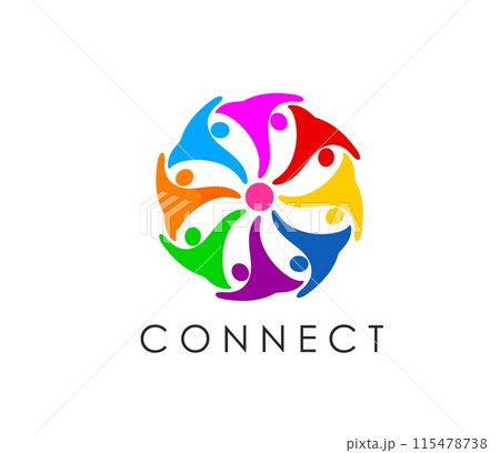 Community connect people together icon, teamwork or union and family. Vector emblem, vibrant wheel of interconnected human figures, symbolizing unity, diversity, team collaboration and relationships Community connect people together icon, teamwork or union and family. Vector emblem, vibrant wheel of interconnected human figures, symbolizing unity, diversity, team collaboration and relationships 115478738