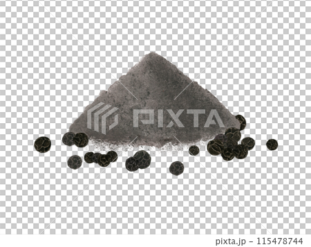 Black pepper peas and powder. Aromatic ground pepper as seasoning for dishes. Pile of spices. Peppercorn heap. Watercolor illustration. Ingredient for decor, cooking recipe. Dried spice for food Black pepper peas and powder. Aromatic ground pepper as seasoning for dishes. Pile of spices. Peppercorn heap. Watercolor illustration. Ingredient for decor, cooking recipe. Dried spice for food 115478744