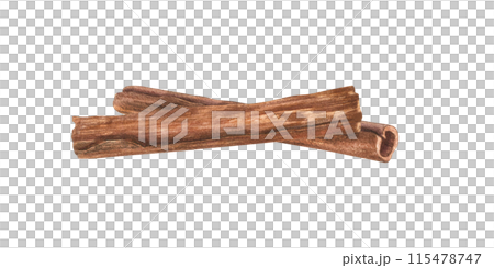 Two Cinnamon Sticks lying on top of each other. Natural raw organic spice from tree bark. Watercolor illustration of cinnamons. Fragrant ingredient for medicine, food and aromatherapy. 115478747
