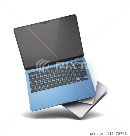 new different color empty screan laptops presentation fly in air 3d render on white 115478768