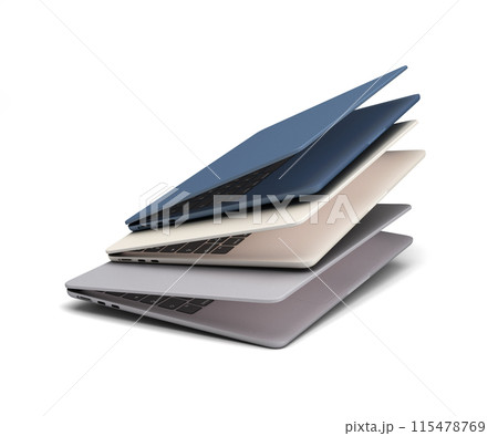 new different color open laptops presentation fly in air 3d render on white new different color open laptops presentation fly in air 3d render on white 115478769