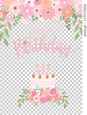 生日卡粉紅色花束和草莓生日蛋糕，帶有生日快樂文本 115478808