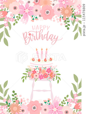 バースデーカード ピンクの花束と苺のお誕生日ケーキ Happy Birthday