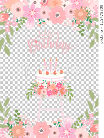 Birthday card with pink bouquet and strawberry birthday cake and "Happy Birthday" text 115478809