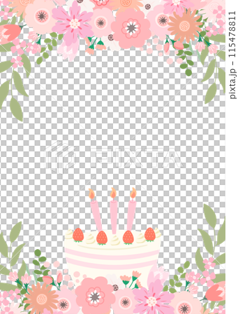 Pink flower frame and strawberry birthday cake template with copy space 115478811