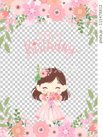 生日卡,可愛的女孩穿著粉紅色的花朵和裙子,上面寫著生日快樂的文字 生日卡,可愛的女孩穿著粉紅色的花朵和裙子,上面寫著生日快樂的文字 115478812