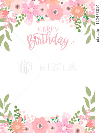 ピンクの花のフレームの誕生日カード　コピースペース　縦 115478814