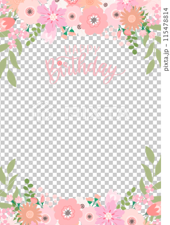 ピンクの花のフレームの誕生日カード　コピースペース　縦 115478814