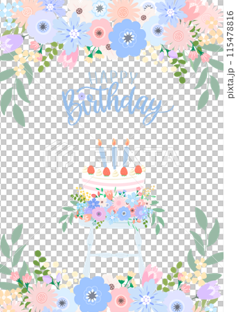 Birthday card with light blue bouquet and strawberry birthday cake and "Happy Birthday" text 115478816