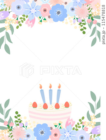 青い花束とかわいい苺のケーキとキャンドル　コピースペース 115478818
