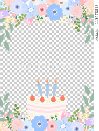 青い花束とかわいい苺のケーキとキャンドル　コピースペース 115478818