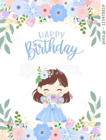 バースデーカード　青い花とスカートを着た可愛い女の子　Happy Birthday 文字入り 115478819